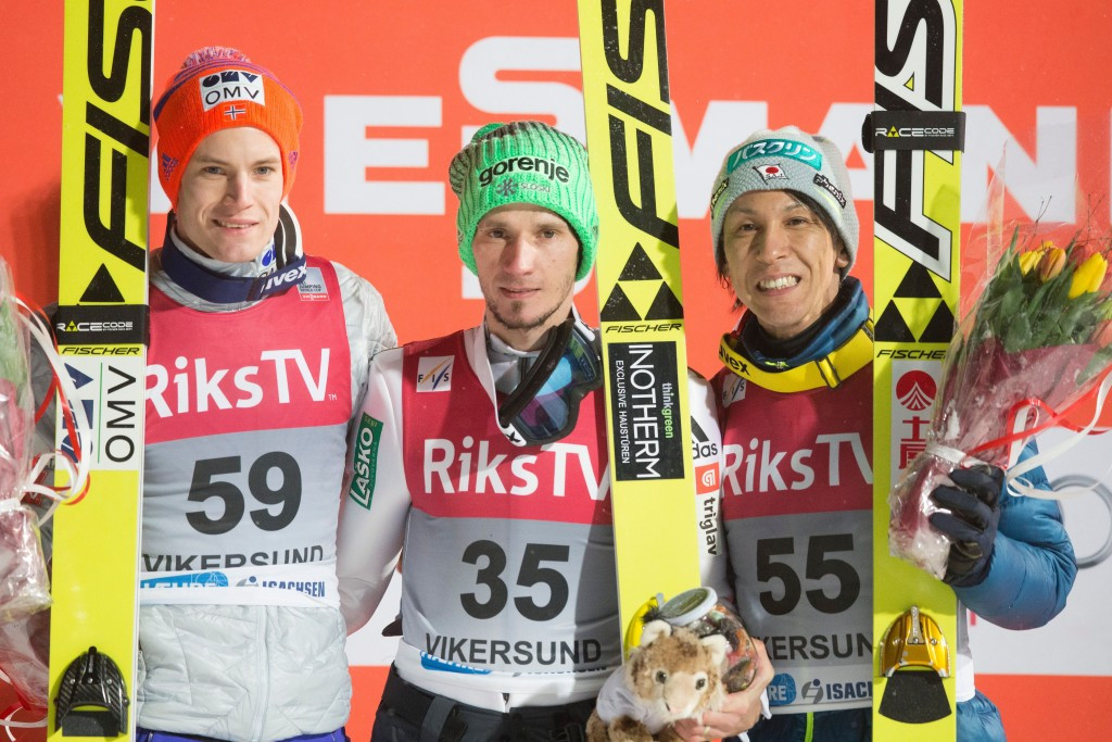 Norway's Kenneth Gangnes (left) and Japan's Noriaki Kasai (right) completed the podium positions in an event won by Slovenia's Robert Kranjec (centre) at the re-arranged FIS World Cup event in Vikersund ©Getty Images