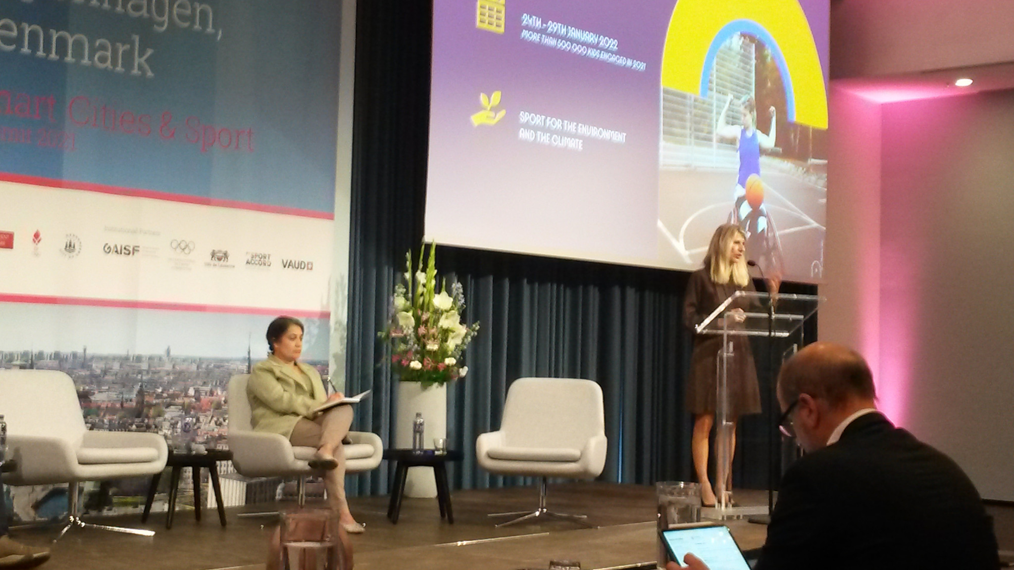 Marie Barsacq, Executive Director of Impact & Legacy for Paris 2024, addresses the Smart Cities & Sport Summit 2021 in Copenhagen today ©ITG