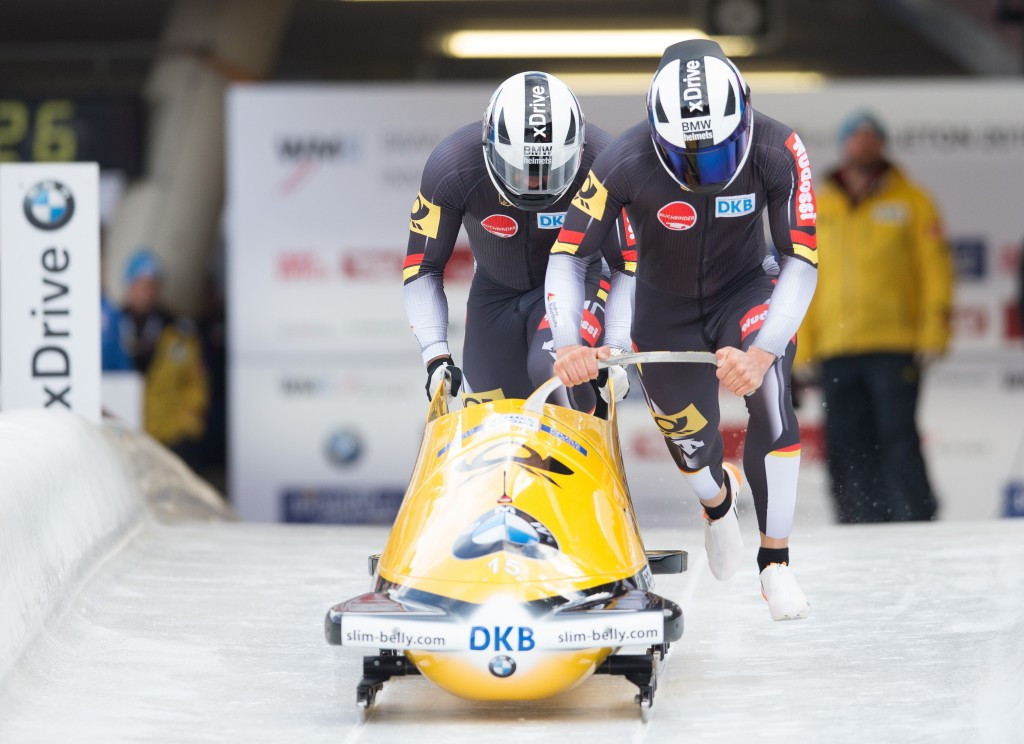 Germany's Johannes Lochner and Joshua Bluhm leads the two-man bobsleigh at the half-way stage of the World Bobsleigh Championships in Innsbruck ©Getty Images