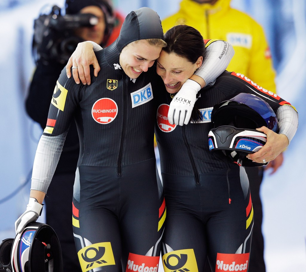 Anja Schneiderheinze and brakewoman Annika Drazek celebrate their success at the Women’s World Bobsleigh Championships ©Getty Images