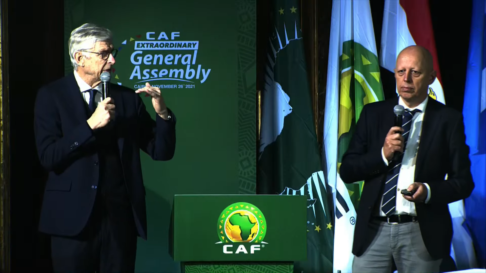 FIFA's chief of global development Arsene Wenger, left, told the General Assembly he believes biennial FIFA World Cups are feasible ©CAF