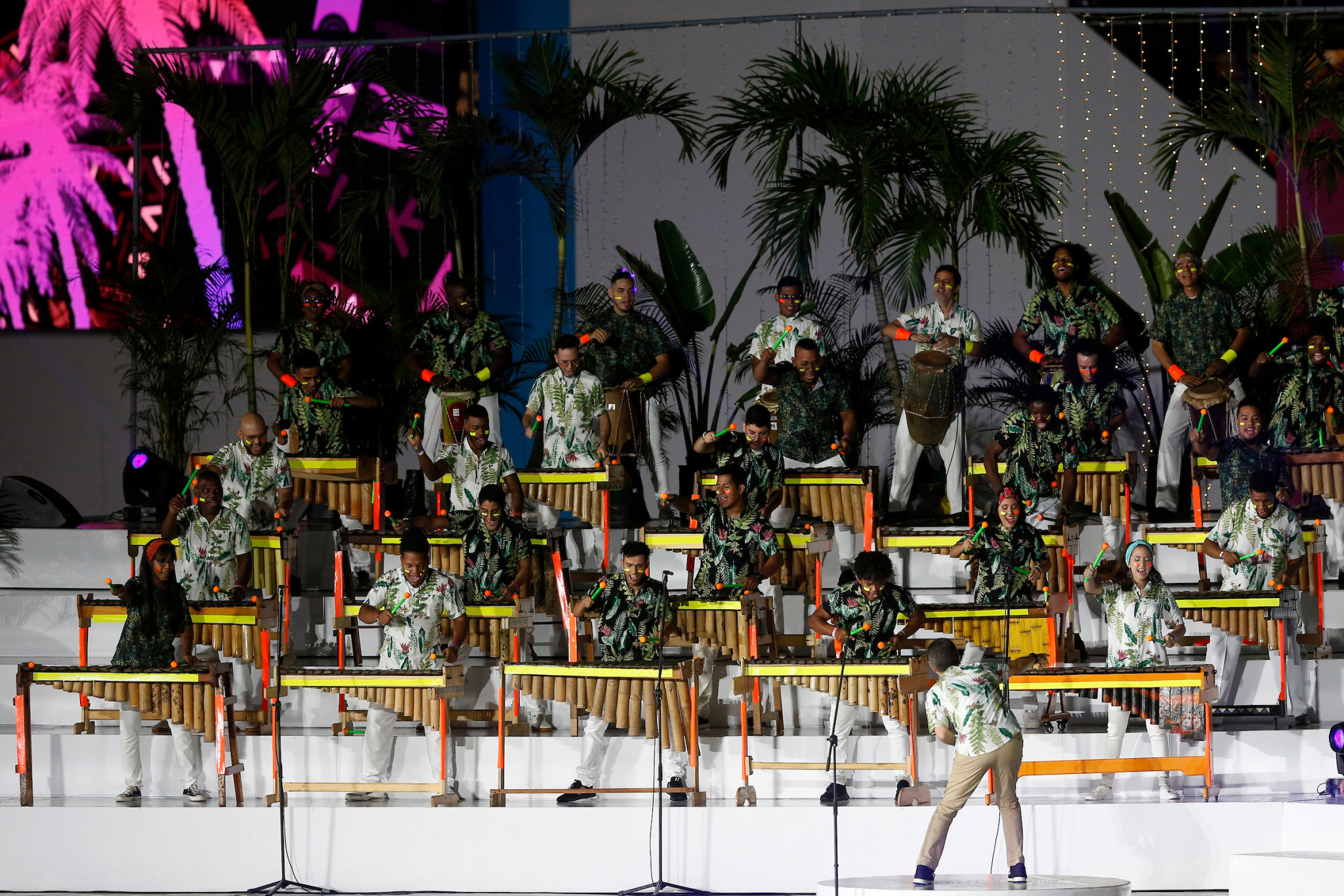 An orchestra of percussionists accompanied dancers at the Opening Ceremony ©Agencia.XpressMedia