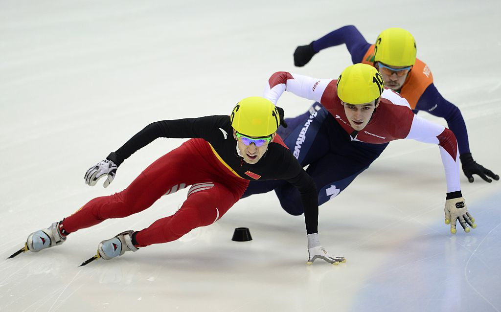 China's Wu Daijing, left, was fastest qualifier for the men's 1,000m quarter-finals at the ISU Short Track World Cup in the Dutch city of Dordrecht ©Getty Images