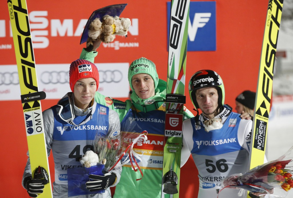 Robert Kranjec (right) finished third to ensure two Slovenians ended on the podium