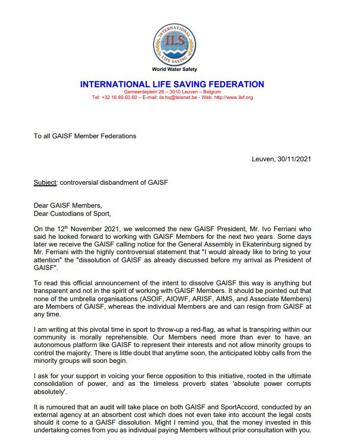 The ILS criticised the plan to disband the GAISF in a letter to all of the umbrella body's members ©ITG