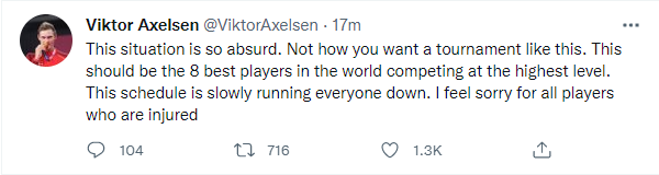 Olympic champion Viktor Axelsen claimed on Twitter that the schedule was impacting players, although he later deleted the post ©Twitter