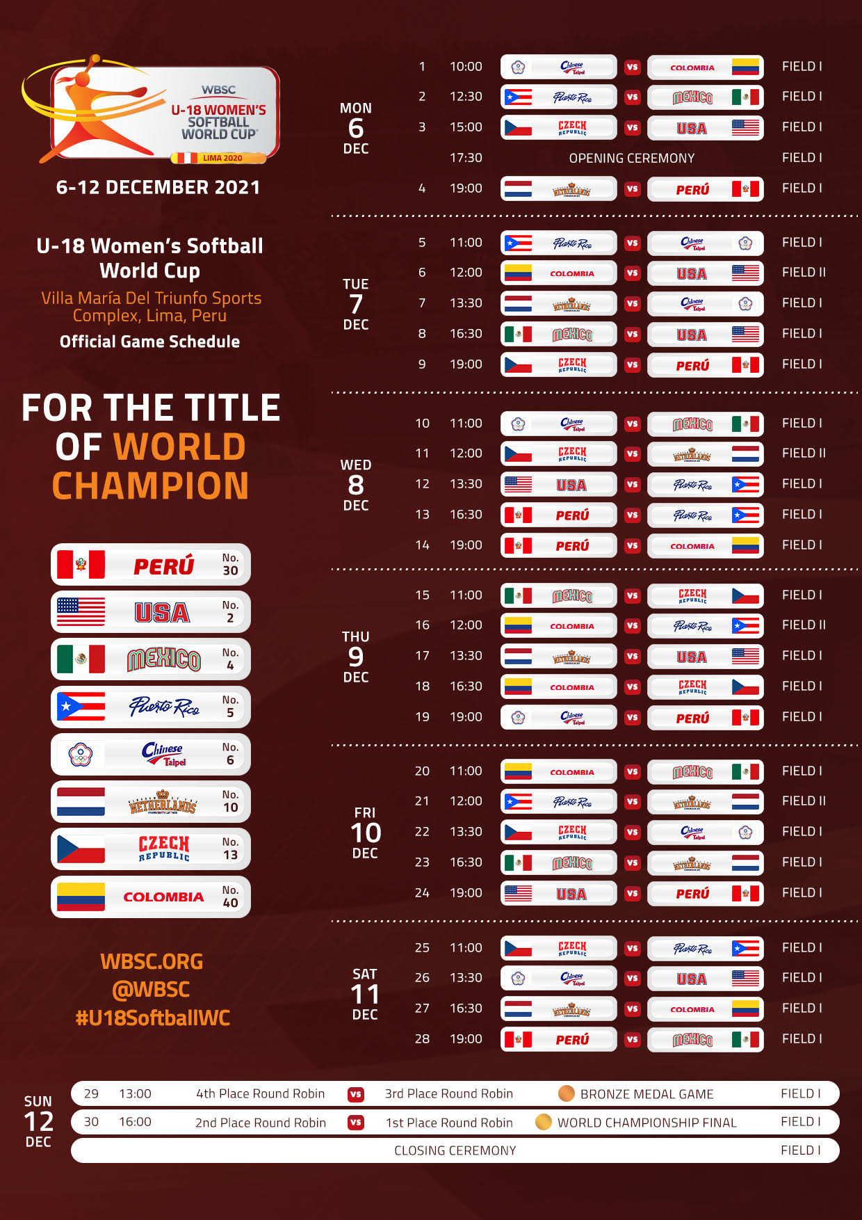 An updated schedule for the Under-18 Women's Softball World Cup has been released ©WBSC