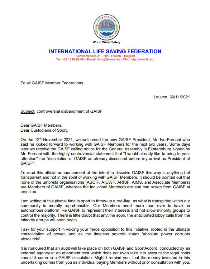 The International Life Saving Federation has already criticised plans to disband GAISF ©ITG 
