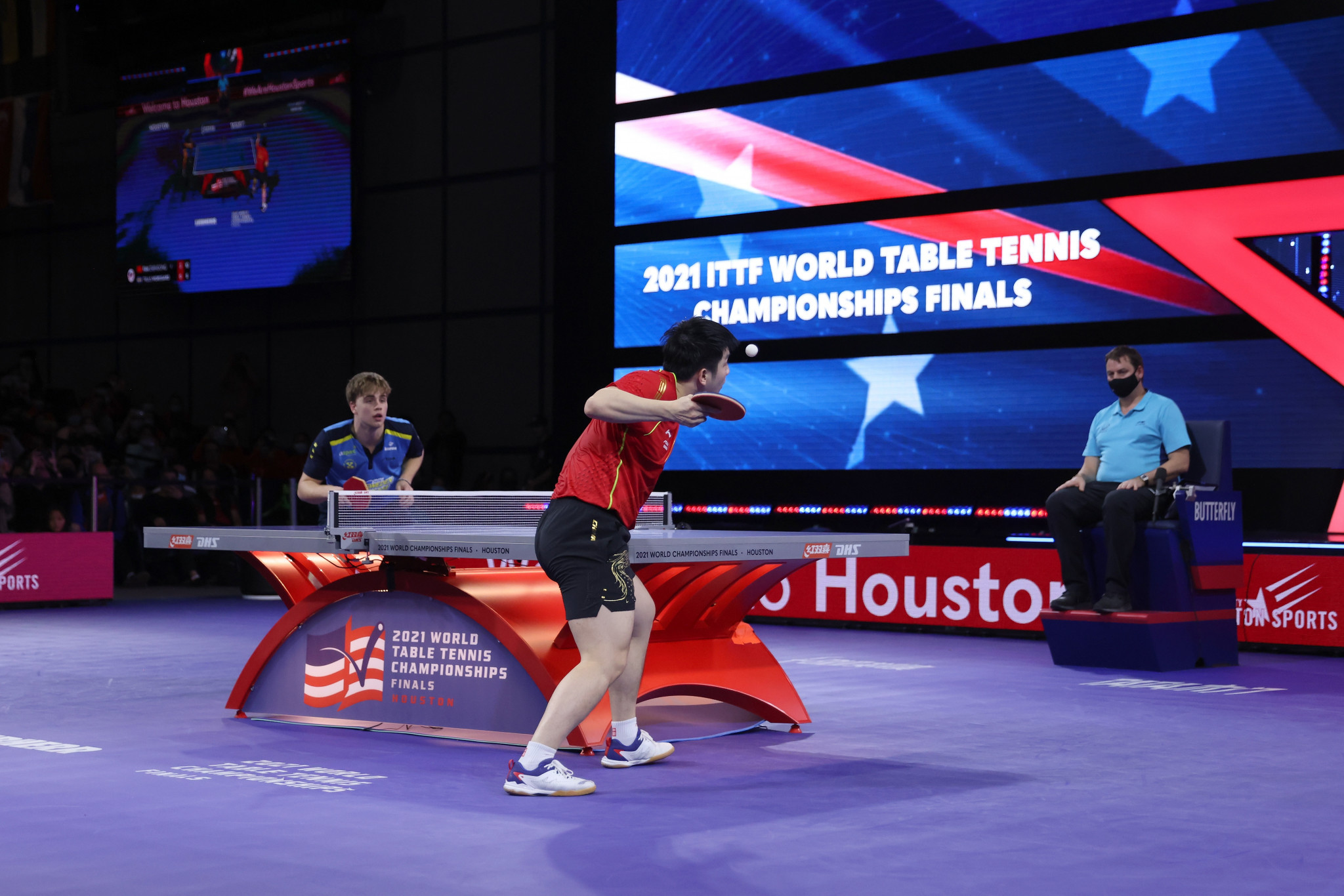 World number one Fan Zhendong of China serves against Sweden's Truls Moregard at the recent World Table Tennis Championships in Houston ©Getty Images