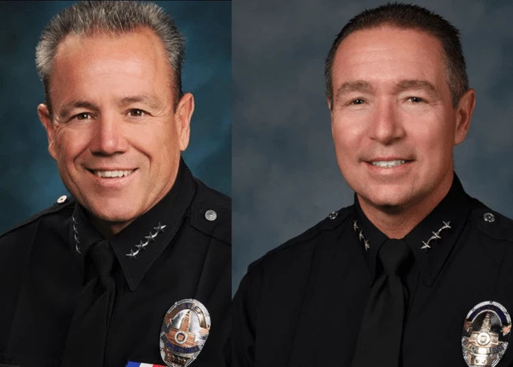 Los Angeles Police Department chief Michel Moore, left, and his assistant Robert Marino, right, have been caught up in controversy after a visit to France to discuss Olympic security arrangements ©LAPD