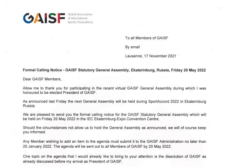 An extract from the Formal Calling Notice, where a proposal to dissolve GAISF was first put into the public domain ©GAISF