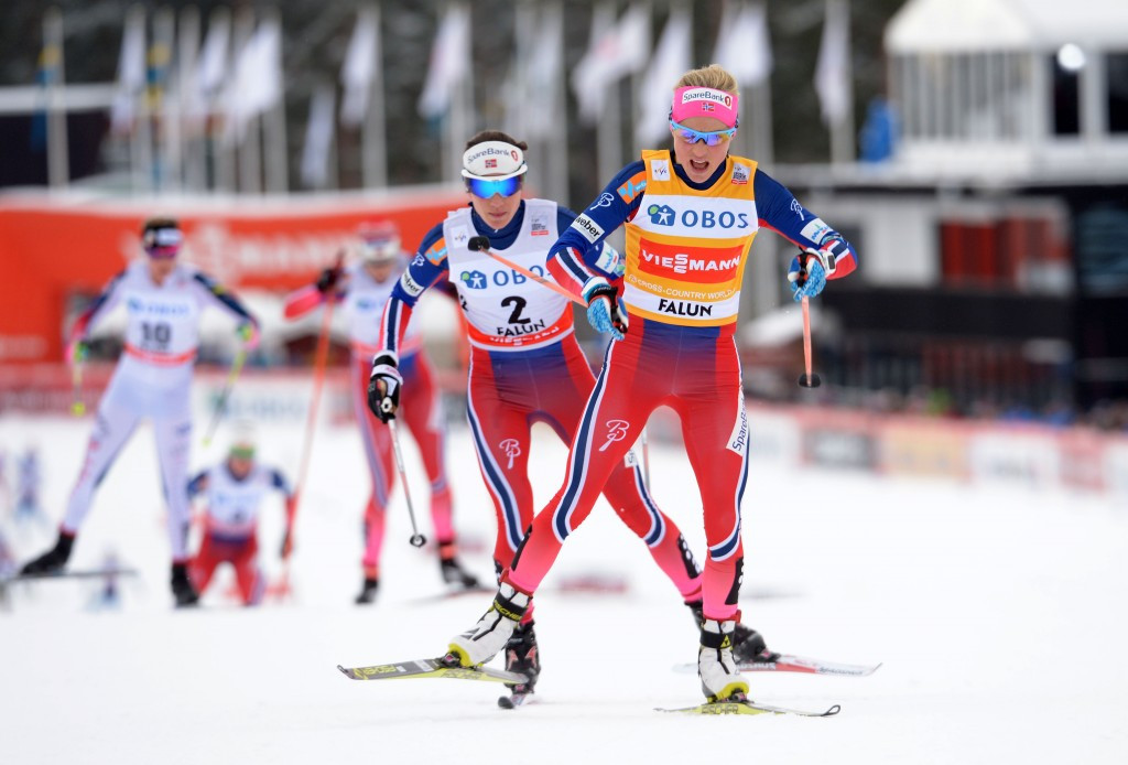 Norway's Therese Johaug is pursued by Heidi Weng in Falun today ©Getty Images