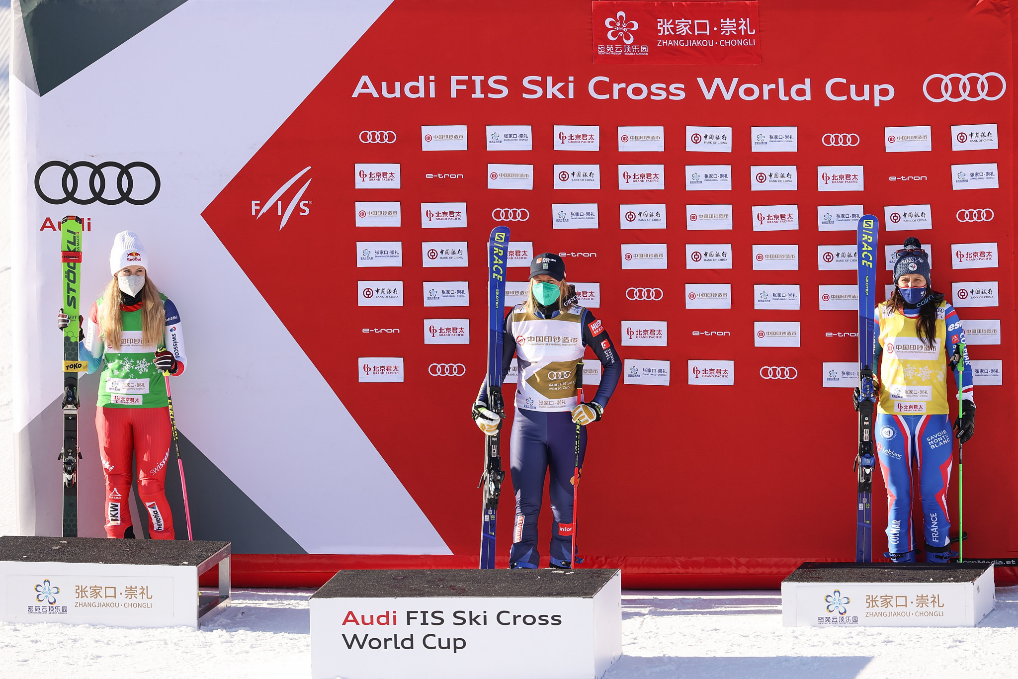 Switzerland's Fanny Smith, left, Sandra Näslund of Sweden, centre, and Marielle Berger Sabbatel of France, right, all finished on the podium at the first FIS Ski Cross World Cup event of the season ©Getty Images