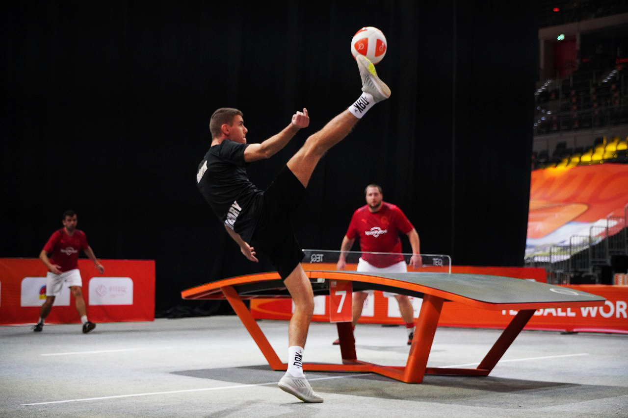 Hungary's Csaba Bányik, centre, won a mixed doubles gold and men's doubles bronze on the final day of competition at the Teqball World Championships ©FITEQ