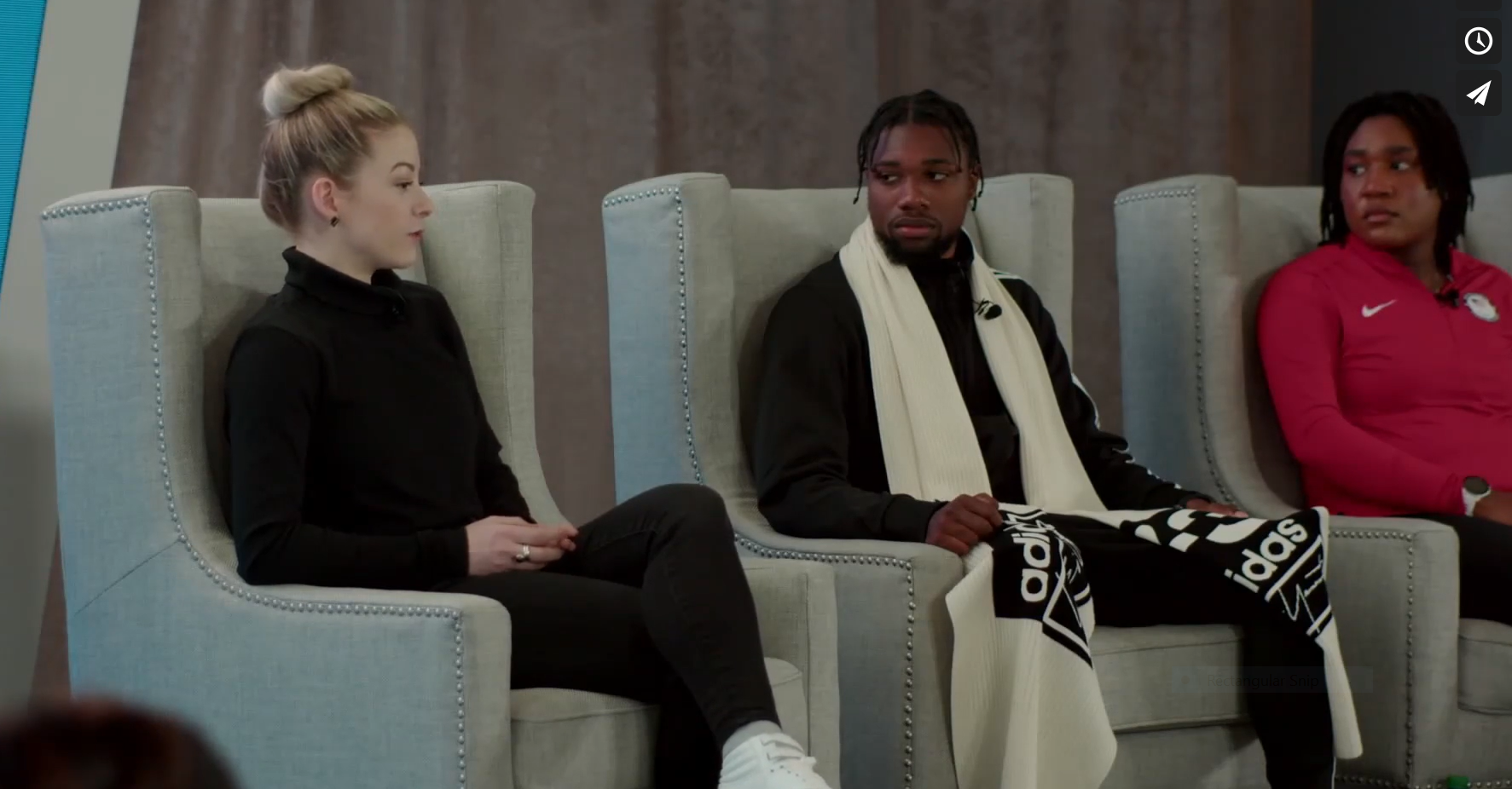 Noah Lyles and double Paralympic sprint champion Deja Young-Craddock look on as Gracie Gold recounts her experience at the TrueSport discussion about athletes and mental health issues ©TrueSport