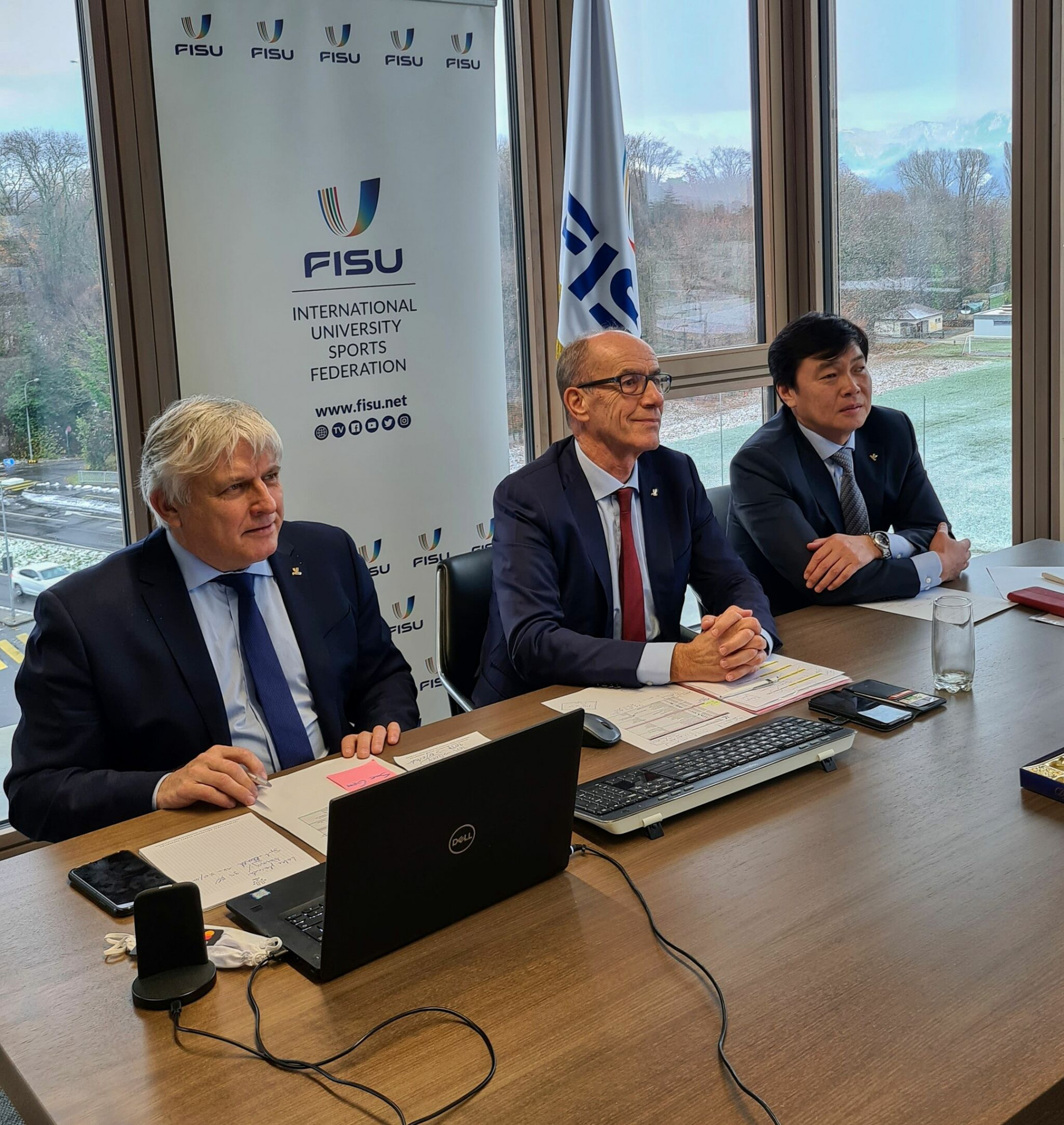 FISU Acting President Leonz Eder, centre, said the cancellation of the Lucerne 2021 Winter Universiade was "a big shock" ©FISU