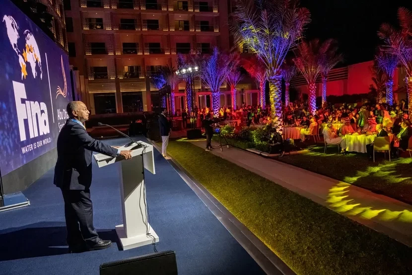 FINA President Husain Al-Musallam gives a speech at the World Aquatics Gala in Abu Dhabi ©FINA
