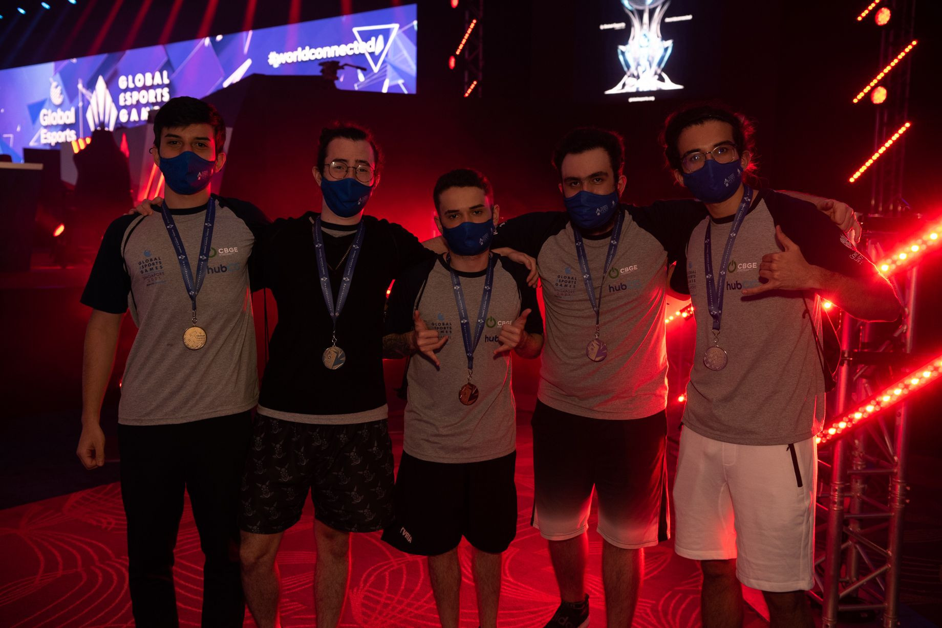 Brazil's quintet celebrating their victory in the DOTA 2 open category ©GEF