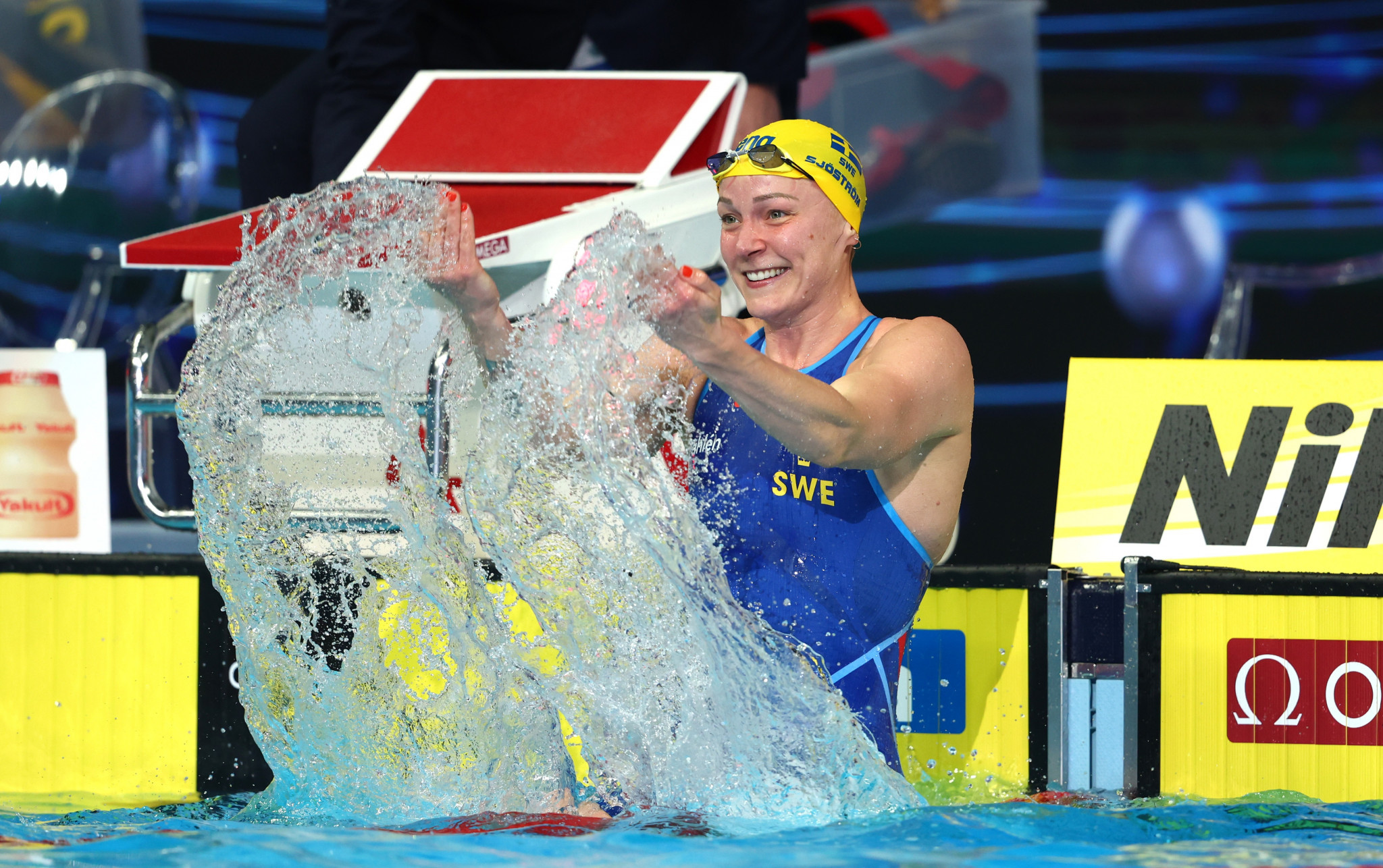 Sarah Sjöström of Sweden celebrates after winning the women's 50m freestyle title ©Getty Images