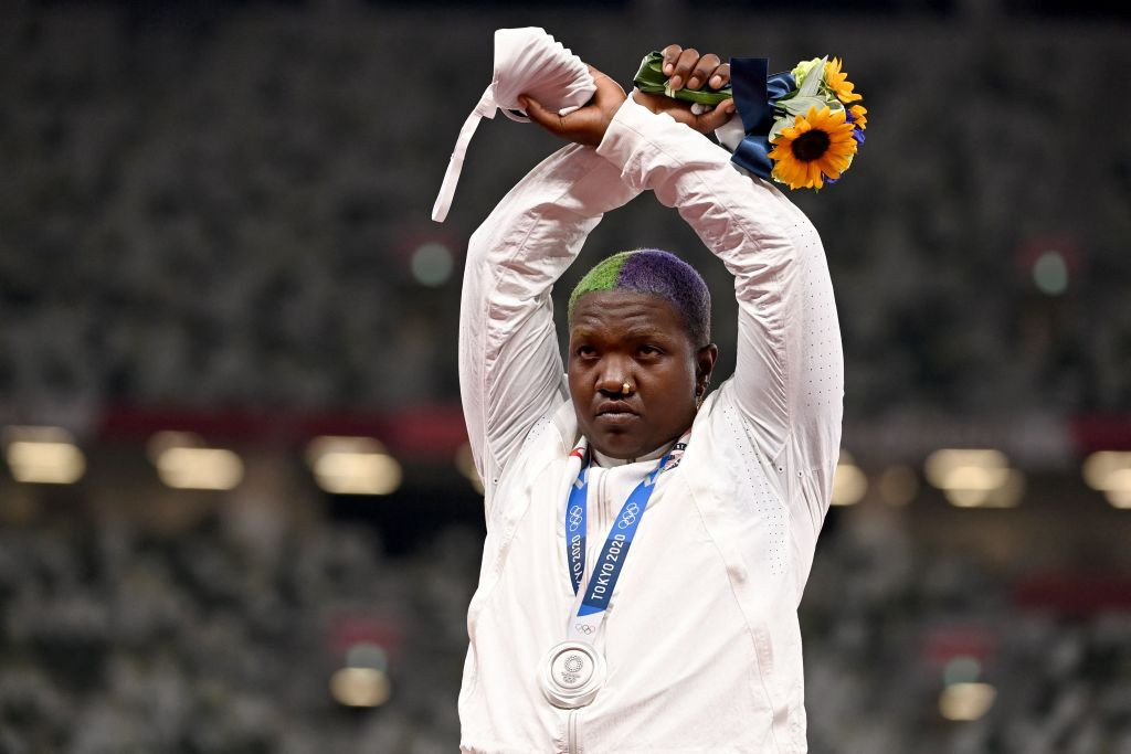 Saunders attracted headlines after making an X gesture on the podium following her Olympic shot put silver medal in Tokyo ©Getty Images  