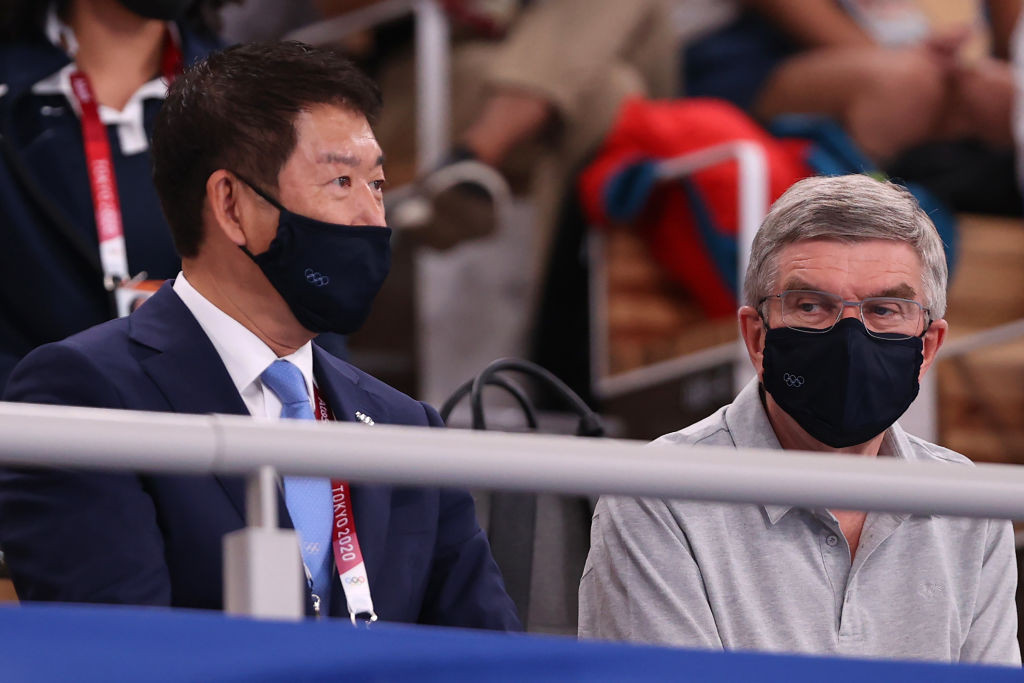  Morinari Watanabe, pictured with IOC President Thomas Bach at the Tokyo 2020 gymnastics competition, has leveraged finance and influence for his sport through his standing in the sports and commercial worlds ©Getty Images