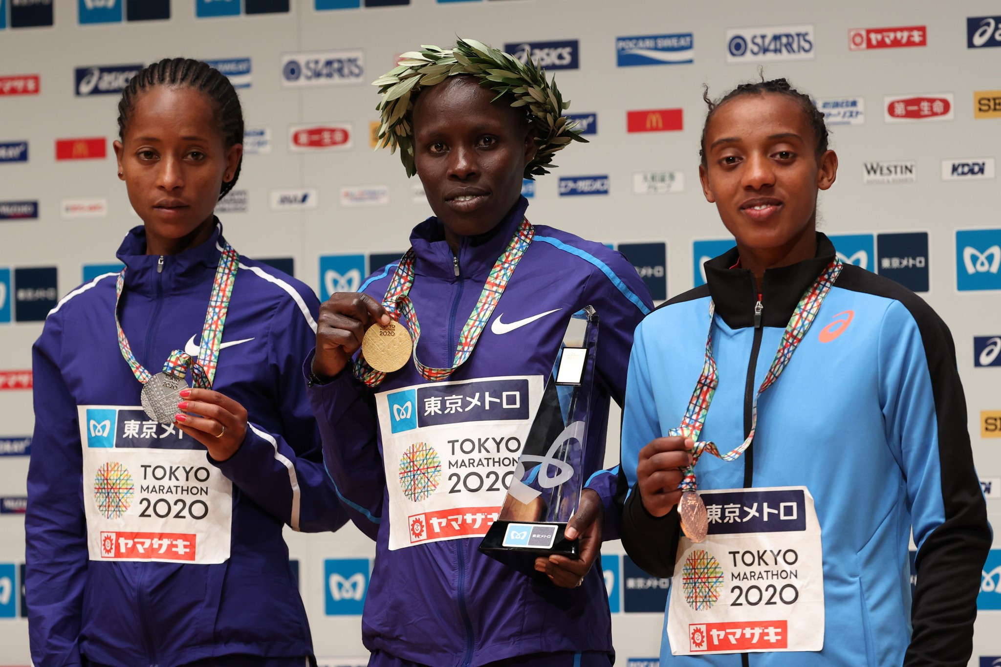 The podium for the women's race at the last edition of the Tokyo Marathon in March 2020 ©Getty Images