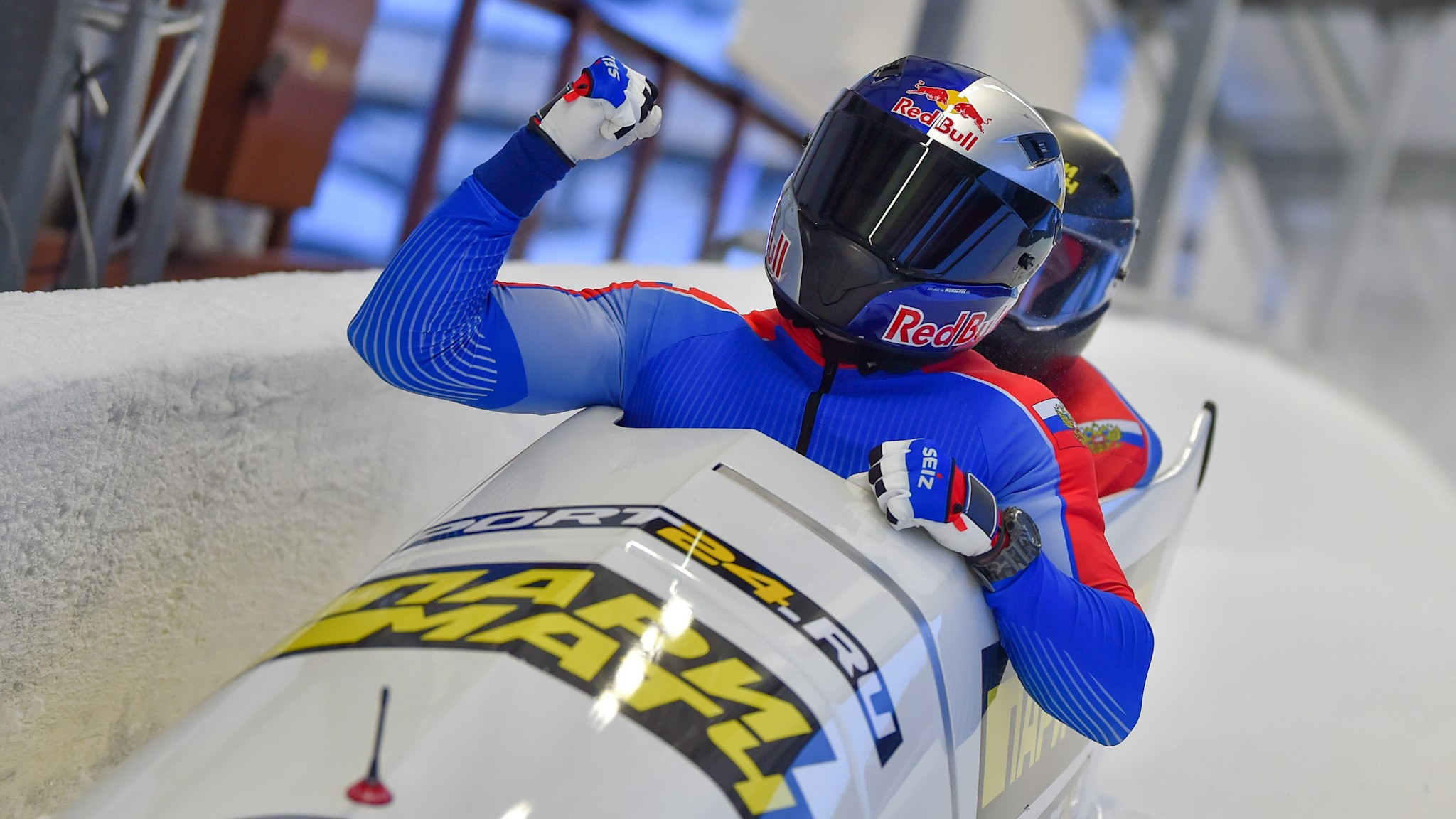 Rostislav Gaitiukevich and Mikhail Mordasov won the two-man bobsleigh event in Sigulda ©IBSF