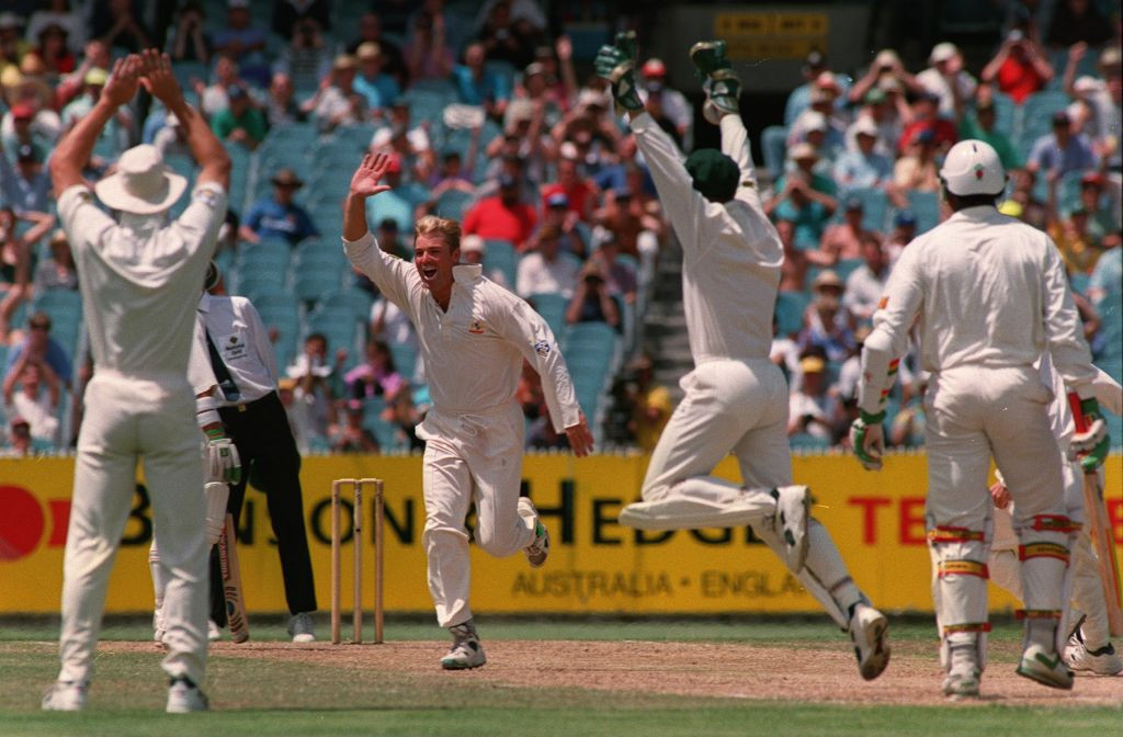 Australian bowler Shane Warne celebrates completing a hat-trick against England in the Melbourne Test match of December 1994 ©Getty Images