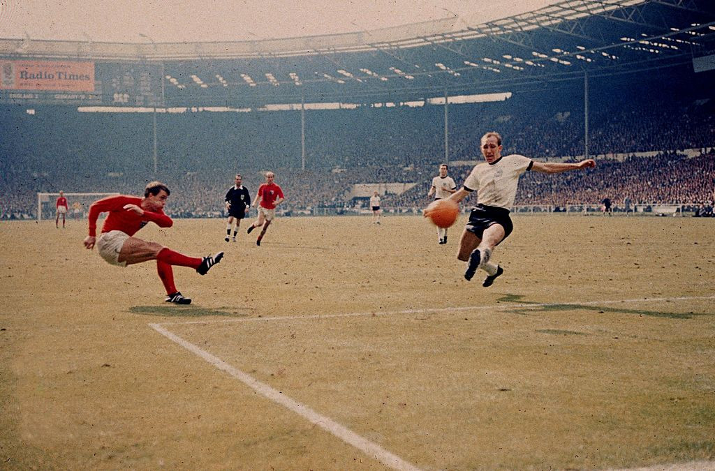 England's Geoff Hurst scores the second of his three goals in the 1966 World Cup final against West Germany at Wembley ©Getty Images