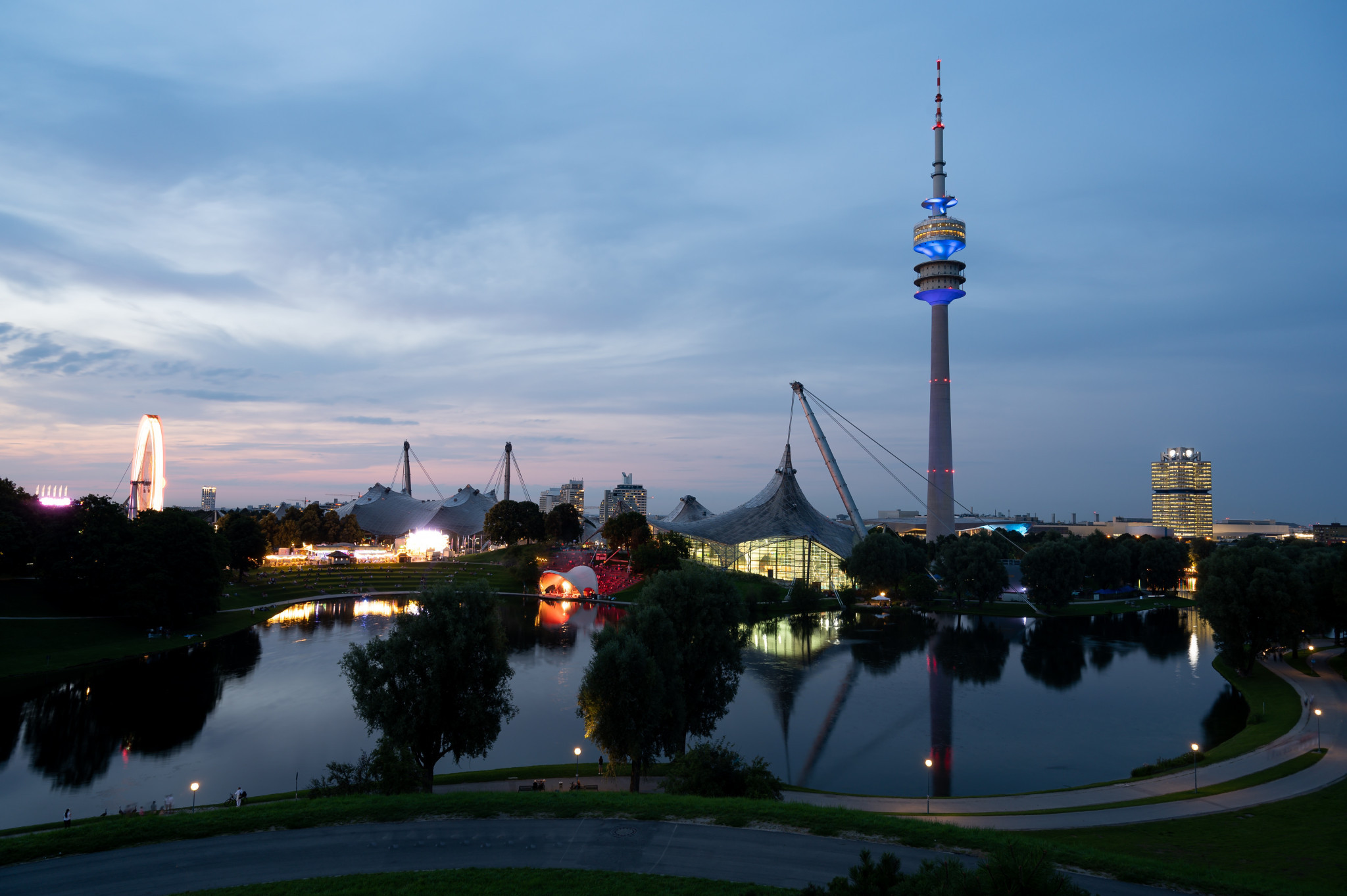The Olympic Tower was illuminated in August 2021 to mark one year to go until the Munich 2022 European Championships ©Getty Images