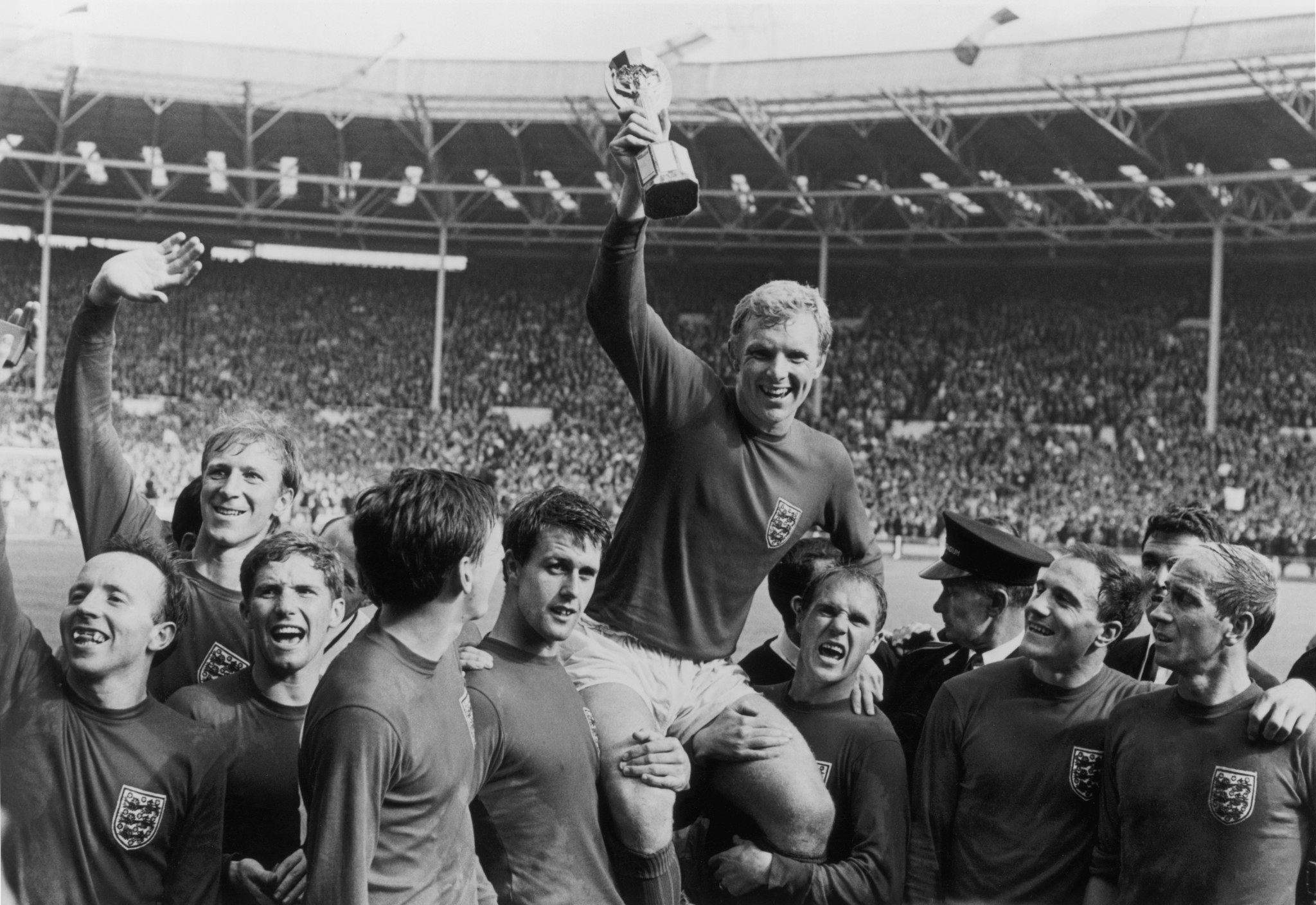 Bobby Moore hoisted the Jules Rimet trophy at Wembley Stadium after England won the 1966 World Cup ©Getty Images