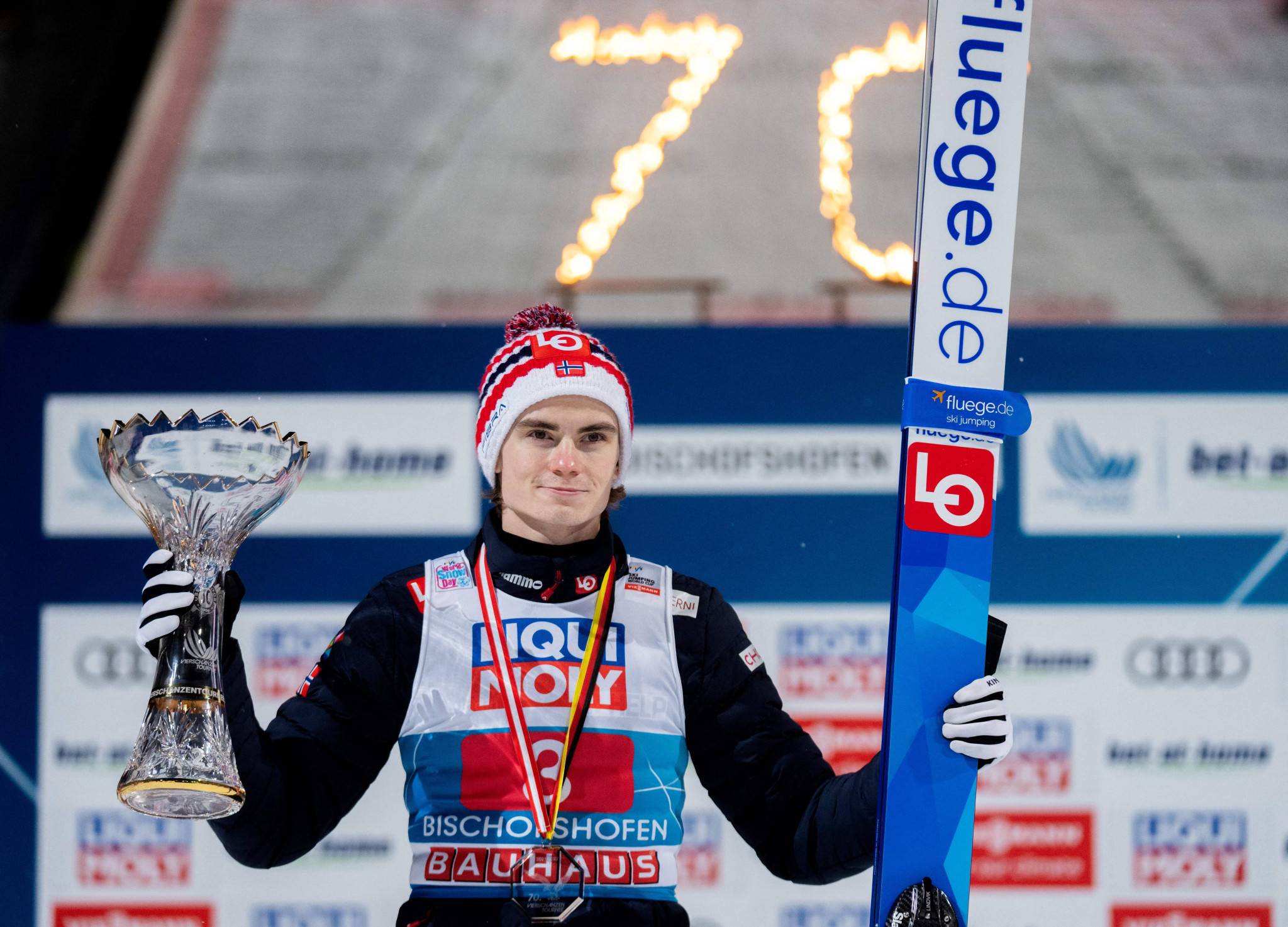 Marius Lindvik secured gold at the FIS Ski Jumping World Cup in Bischofshofen ©Getty Images