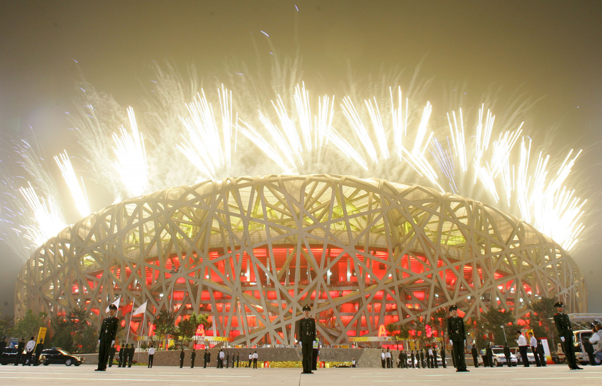 Fireworks go off at the Bird's Nest stadium during the spectacular Opening Ceremony of the Beijing 2008 Olympics ©Getty Images
