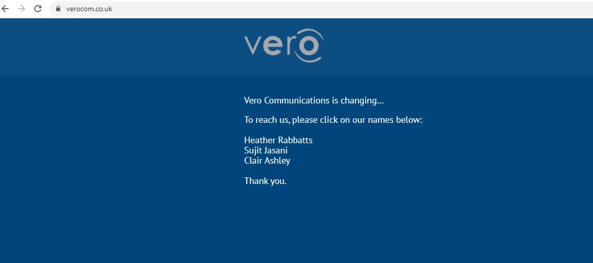 Vero Communications has this message on its website after closing the business ©Vero