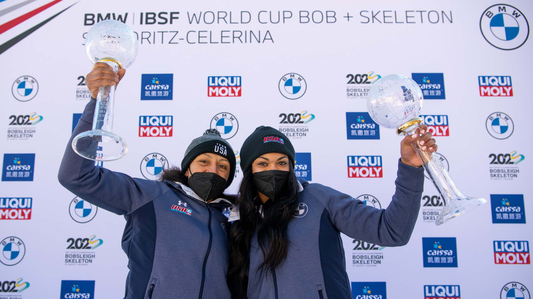 Elana Meyers Taylor, left, celebrates after winning the two-woman bobsleigh overall crown ©IBSF