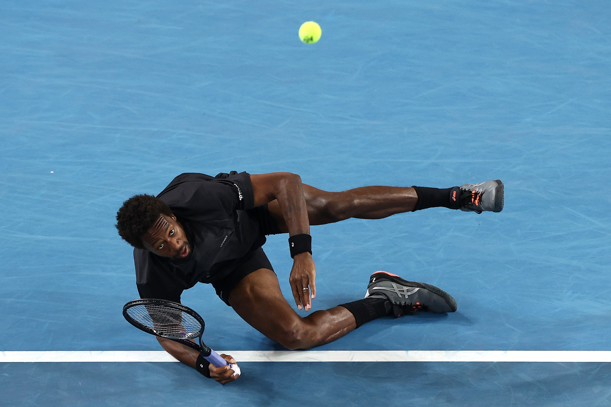 France's Gael Monfils takes a tumble during his win over Alexander Bublik of Kazakhstan ©Getty Images