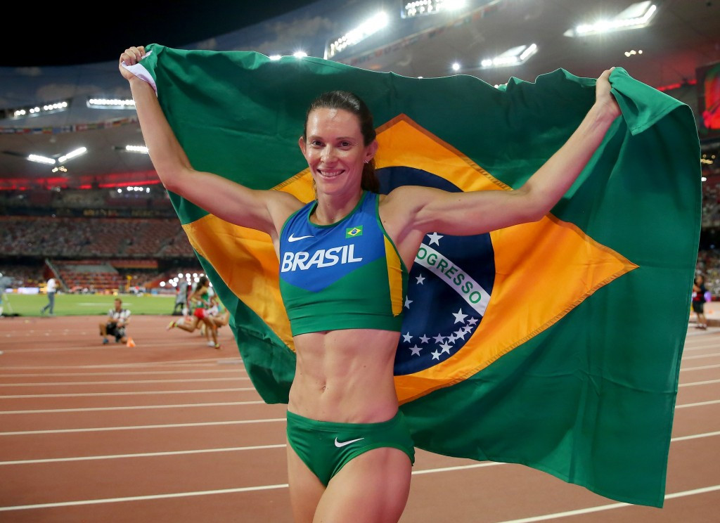 Brazil's Fabiana Murer, celebrating world pole vault silver in Beiing last year, is worried about the spread of the Zika virus but says it won't be a big problem for the Games ©Getty Images