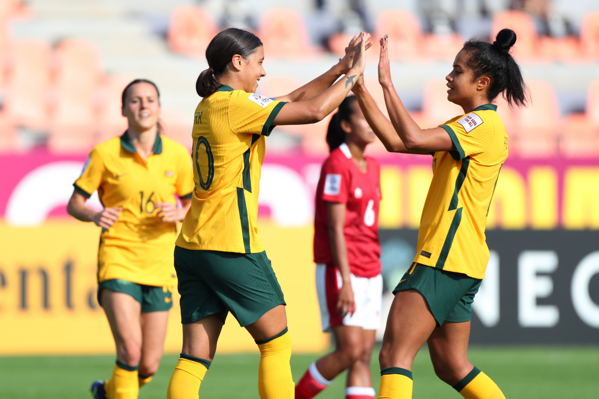 Sam Kerr, centre, scored five times in Australia's 18-0 win against Indonesia ©Getty Images