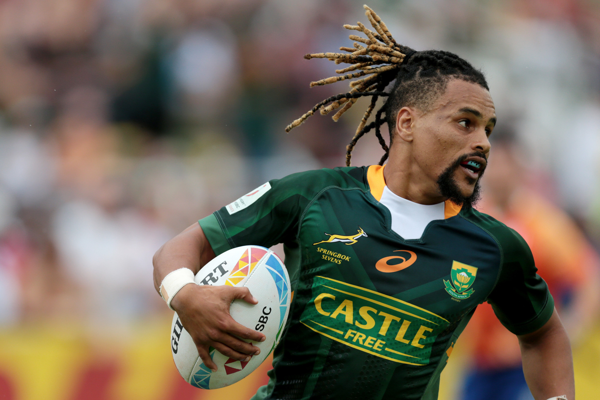 Selvyn Davids struck in the final play of the men's Cup final in Málaga to win a third World Rugby Sevens Series event of the season for South Africa ©Getty Images
