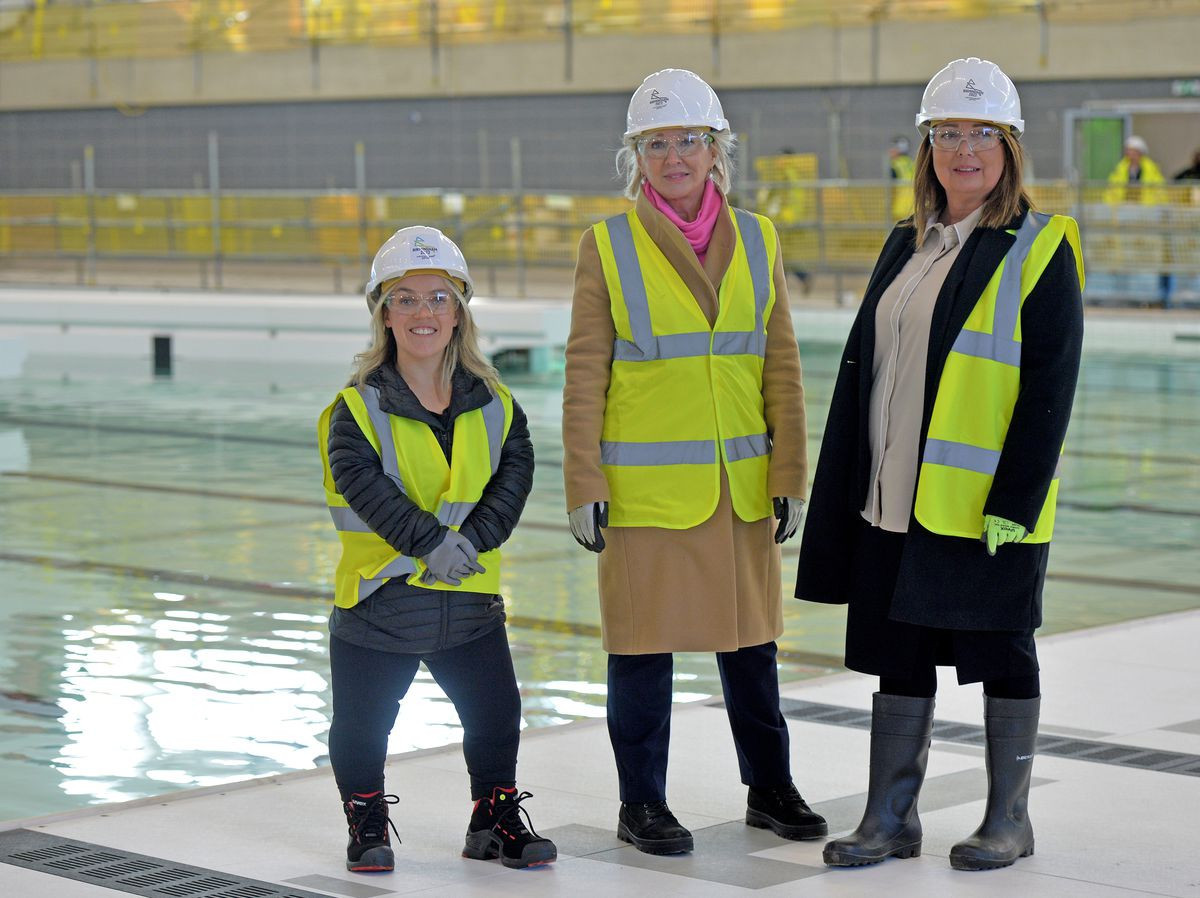 Nadine Dorries, centre, claimed the Sandwell Aquatics Centre being built for the 2022 Commonwealth Games will leave a long-lasting legacy - a view shared by Paralympic Games gold medallist Ellie Simmonds - who helped show the Culture Secretary around ©DCMS