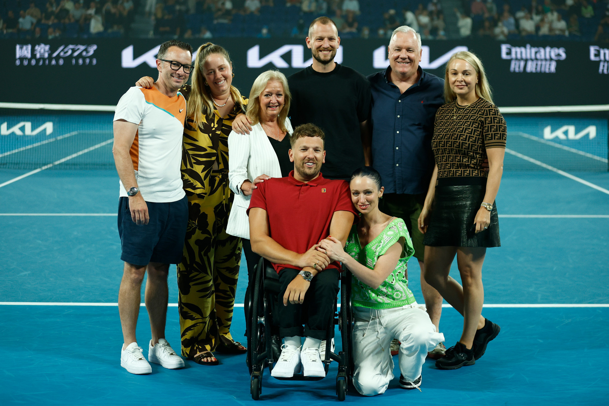 Australian wheelchair tennis star Dylan Alcott, who retired from the sport yesterday, parades with his family on the Rod Laver Arena before today's night session ©Getty Images