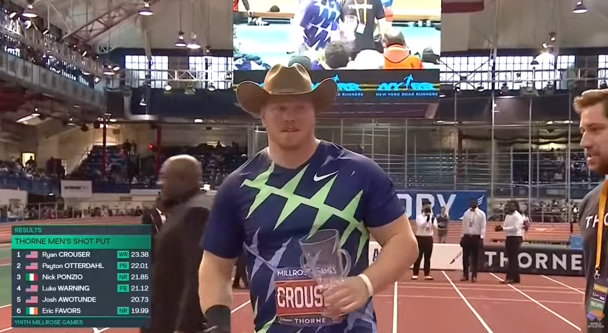 Olympic shot put champion Ryan Crouser was a clear winner at the Millrose Games - but his apparent world record of 22.38m turned out to have been a mismeasurement ©YouTube/World Athletics