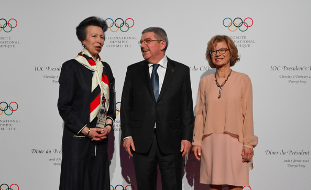 Princess Anne, left, pictured with IOC President Thomas Bach, centre, will miss her second consecutive Olympic Games at Beijing 2022, having also not attended Tokyo 2020 ©Getty Images