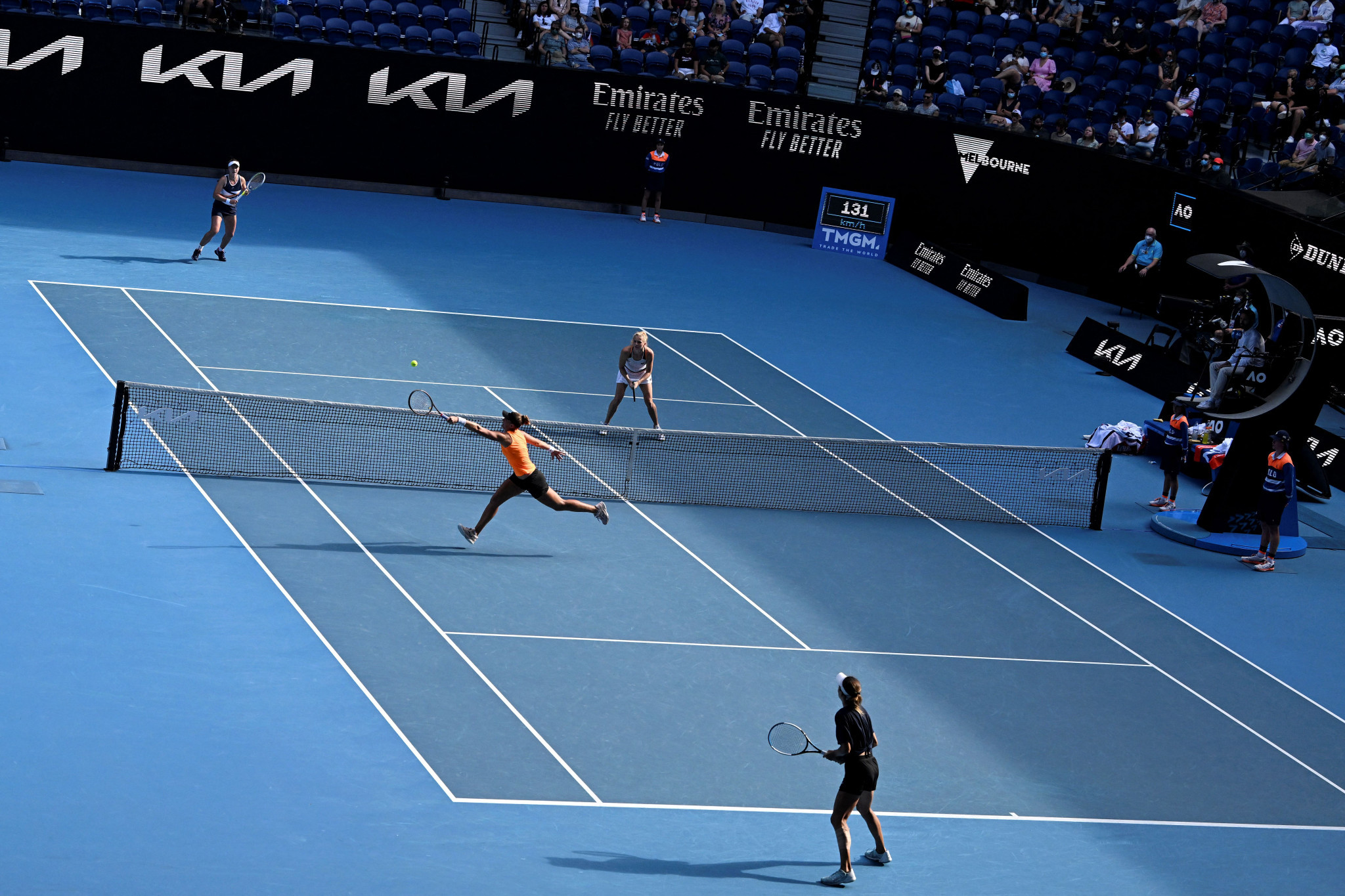 Top seeds Krejcikova and Siniakova, pictured at the far end of the court, triumphed in three sets to claim a first Australian Open ladies doubles title ©Getty Images