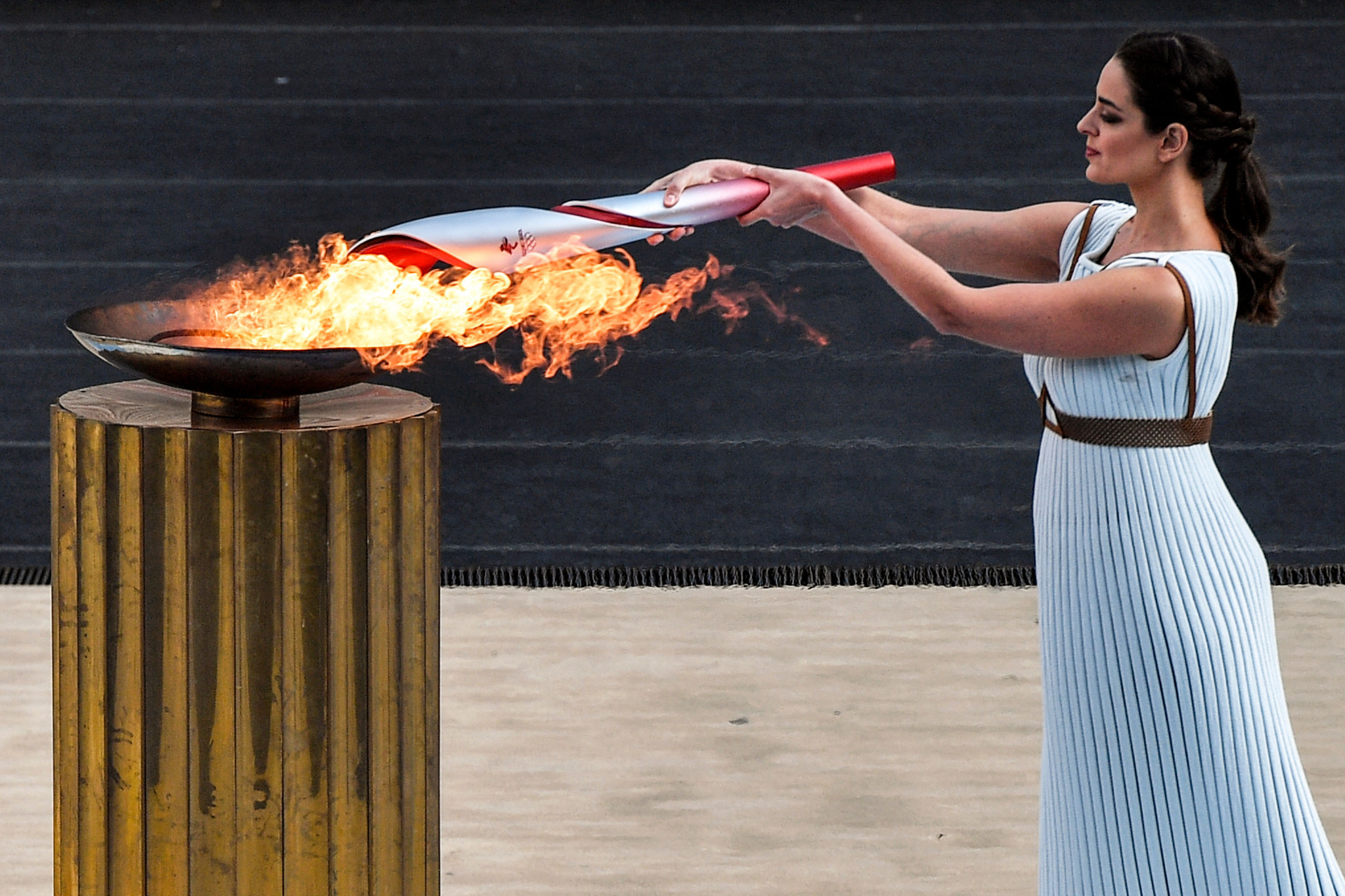 High Priestess Xanthi Georgiou lights the Olympic Flame in Athens before entrusting the Flame to Beijing 2022 ©Getty Images