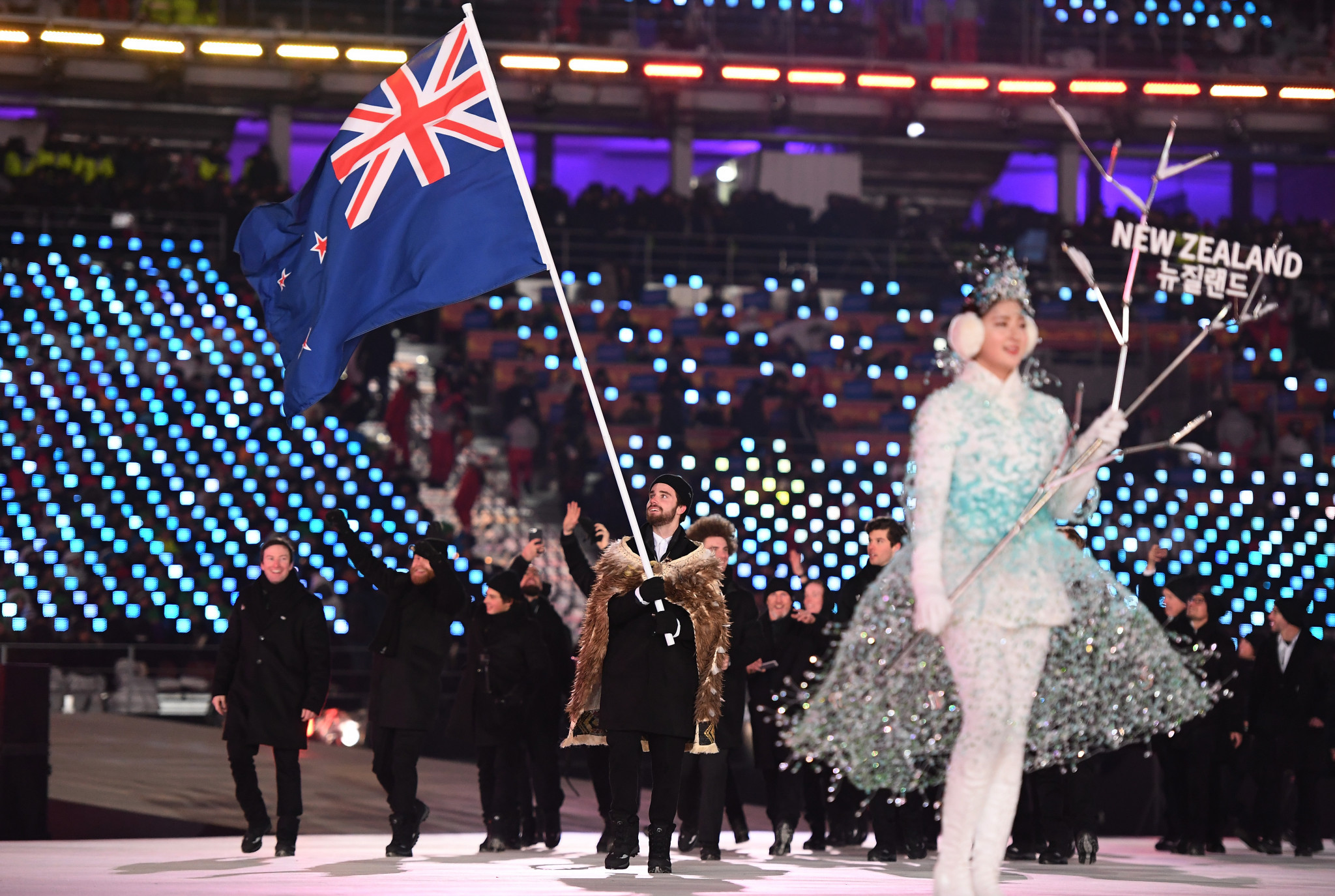 Freestyle skier Beau-James Wells carried New Zealand's flag at the Opening Ceremony of Pyeongchang 2018 ©Getty Images