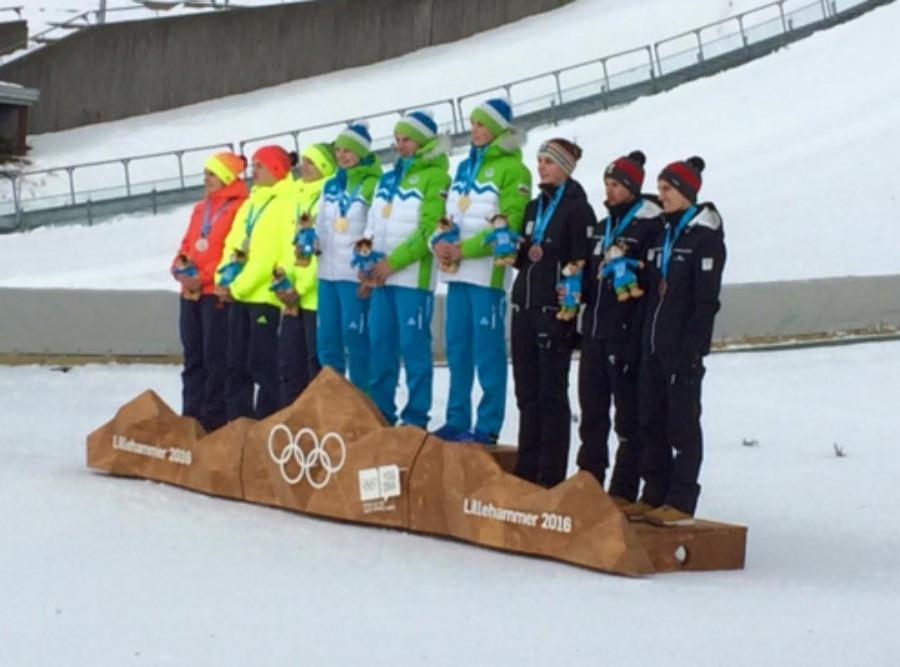 Slovenia won gold ahead of Germany and Austria in the mixed team ski jumping event ©Lillehammer 2016