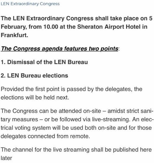 An agenda and voting details for tomorrow's Extraordinary Congress have been removed from the LEN's website ©LEN