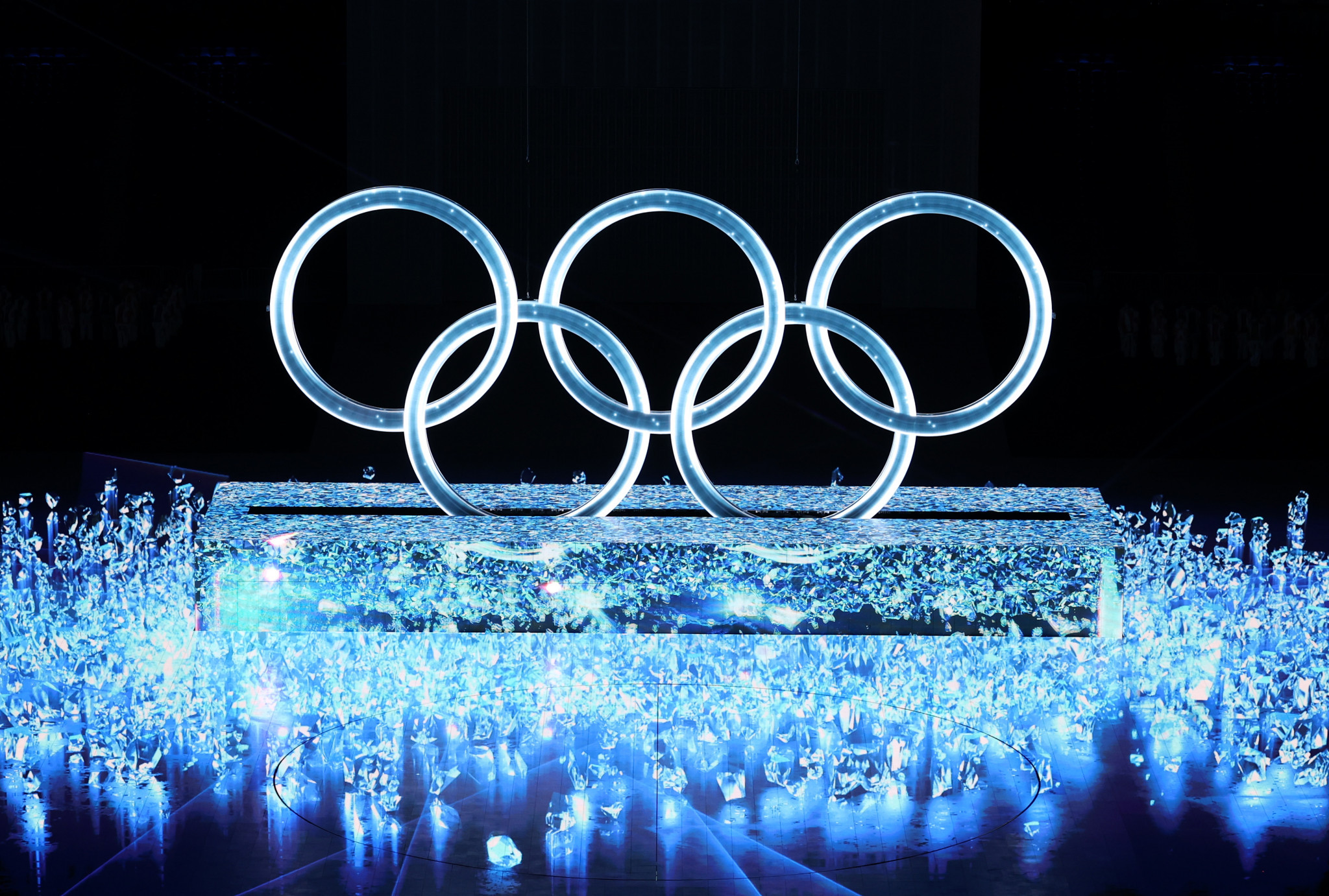 The Olympic Rings being formed with ice was one of the more striking moments of the Beijing 2022 Opening Ceremony ©Getty Images 