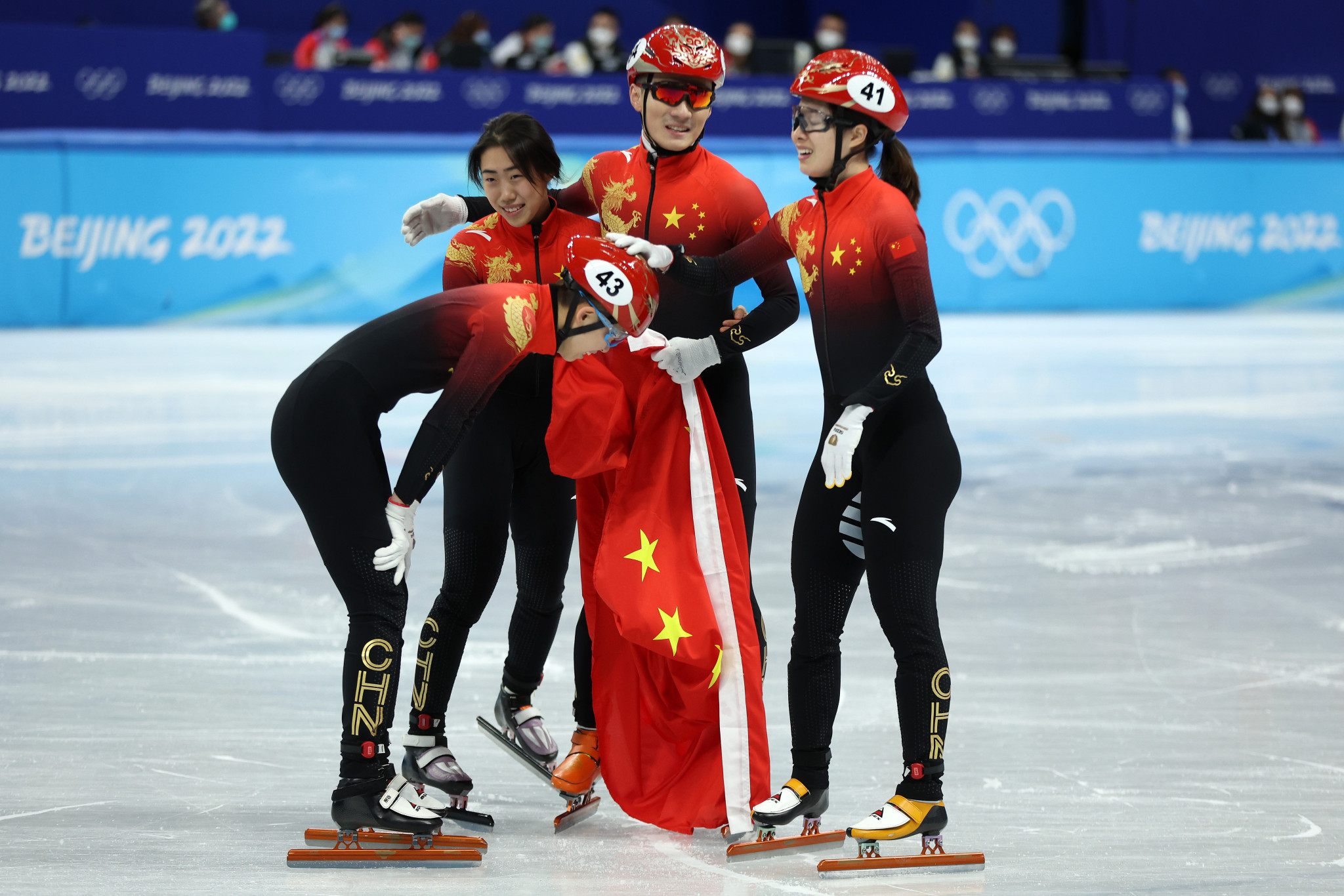 Hosts China won the first-ever Olympic short track speed skating mixed relay ©Getty Images